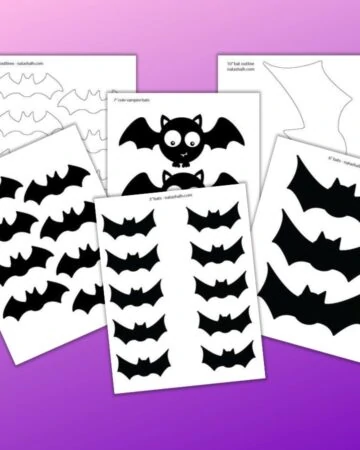 six printable bat templates on a purple background. Four bat templates are black and two are bat silhouette patterns. Bat sizes range from 3" across to an extra large 10" bat template.
