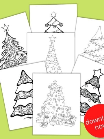 seven free printable Christmas tree coloring pages on a green background with a red circle and the text "download now!"
