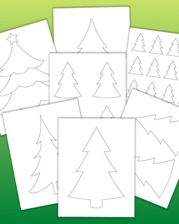 7 printable Christmas tree templates on a green gradient background. Templates include full sized, large Christmas tree outlines that fill the whole page, medium templates two to a page, 4 Christmas tree patterns on one page, and even small 2" high Christmas tree patterns with 16 trees on one page