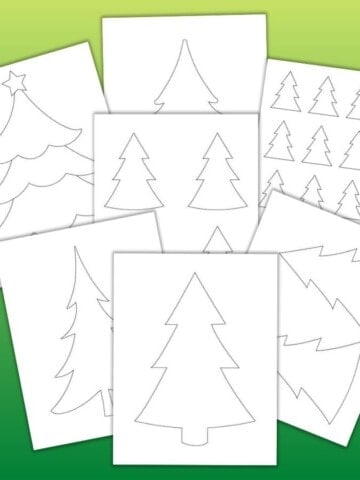 7 printable Christmas tree templates on a green gradient background. Templates include full sized, large Christmas tree outlines that fill the whole page, medium templates two to a page, 4 Christmas tree patterns on one page, and even small 2" high Christmas tree patterns with 16 trees on one page