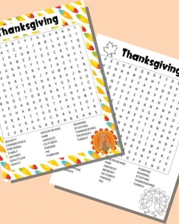two printable Thanksgiving word searches on a peach colored background. One has a colorful feather border and has US Thanksgiving words to find. The other is in black and white with a turkey to color and has Canadian Thanksgiving words