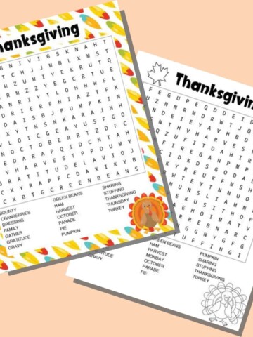 two printable Thanksgiving word searches on a peach colored background. One has a colorful feather border and has US Thanksgiving words to find. The other is in black and white with a turkey to color and has Canadian Thanksgiving words