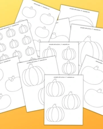 9 printable pumpkin templates on an orange gradient background. The pumpkins range in size from 2" up to 8" wide.
