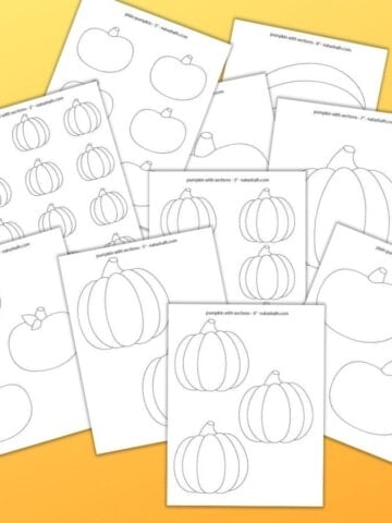 9 printable pumpkin templates on an orange gradient background. The pumpkins range in size from 2" up to 8" wide.