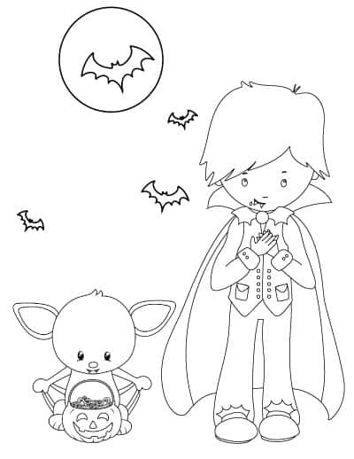 cute vampire boy with bat coloring page