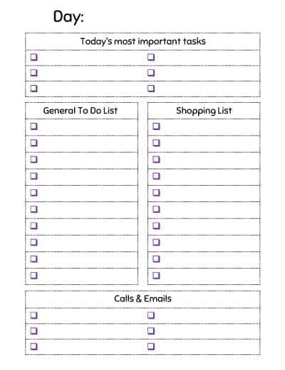 daily to do list printable with purple check boxes. There are spaces for today's most important tasks, a general to do list, household tasks, and calls/emails