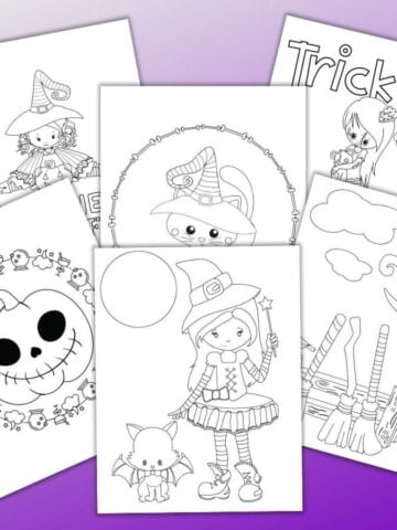 6 printable cute Halloween coloring page printables on a purple background. A cute witch with a cat dressed as a bat is front and center. Other pages include cats, pumpkins, "trick or treat" and another witch