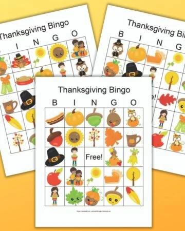 three printable Thanksgiving bingo boards featuring cute fall and Thanksgiving images on an orange background