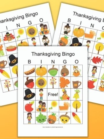 three printable Thanksgiving bingo boards featuring cute fall and Thanksgiving images on an orange background