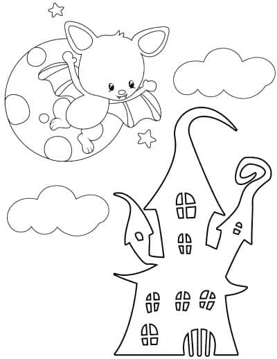 haunted house with moon and bat coloring page