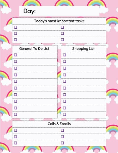 rainbow-daily-to-do-list with spots for the day's most important tasks, a general to do list, shopping list, and calls/emails