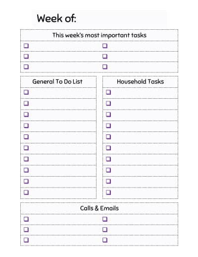 weekly to do list printable with purple check boxes. There are spaces for this week's most important tasks, a general to do list, household tasks, and calls/emails