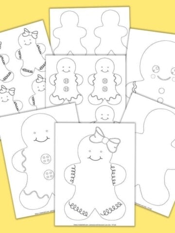 7 printable gingerbread boy and gingerbread girl templates on a yellow background. Templates include large gingerbread people, blank gingerbread people templates, and small blank gingerbread men patterns.