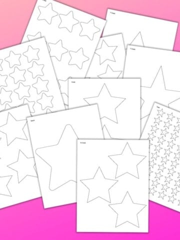 A preview of 10 printable star templates ranging from 1" to 8" wide on a pink background