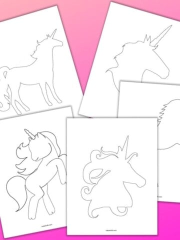 5 free printable unicorn templates on a pink background. Unicorn silhouettes are in black an white and include two unicorn heads and three standing full body unicorns.