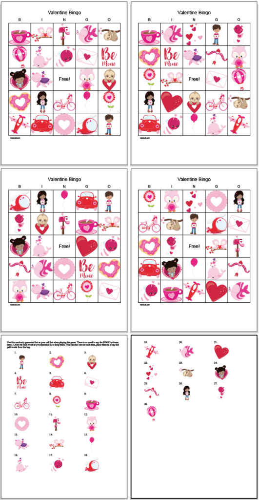 set of 4 free printable bingo cards for Valentines Day