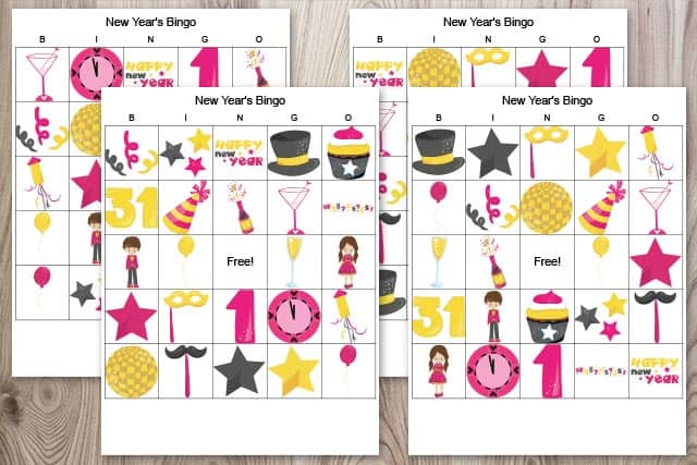 four free printable New Year's bingo cards