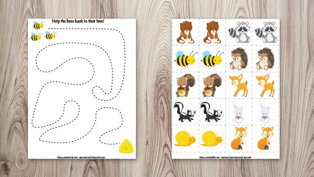 Free printable fine motor practice worksheet for preschoolers and woodland animal matching game for toddlers