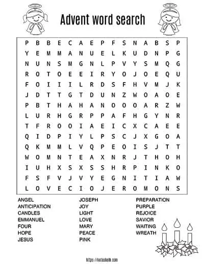 black and white free printable Advent word search