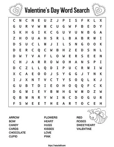 free printable black and white valentine's day word search