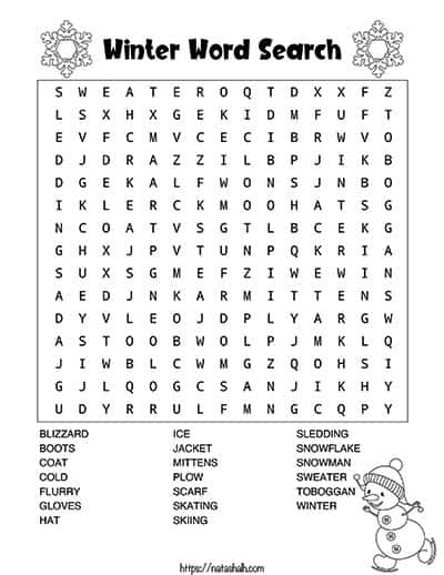 black and white word search with winter words