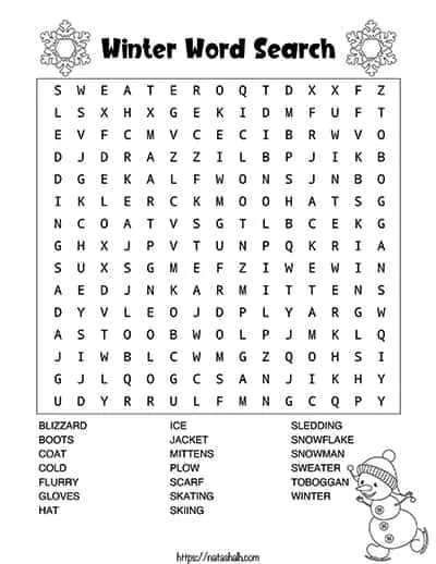 black and white word search with winter words