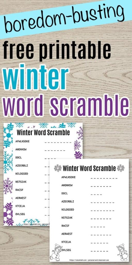 text "free printable winter word scramble" with a preview of two word scrambles on a wood background