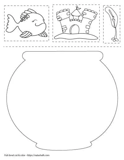 fish bowl cut and color worksheet with a goldfish, aquarium castle, and plant