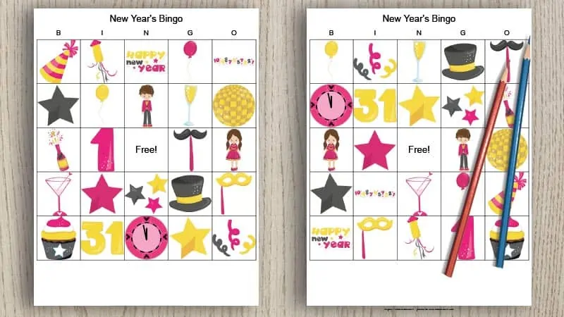 two free printable picture bingo cards for New Year's eve