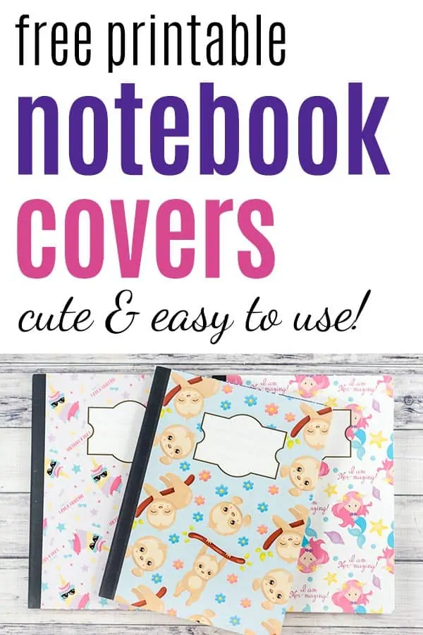 preview of composition notebooks with free printable covers featuring mermaids, sloths, and unicorns