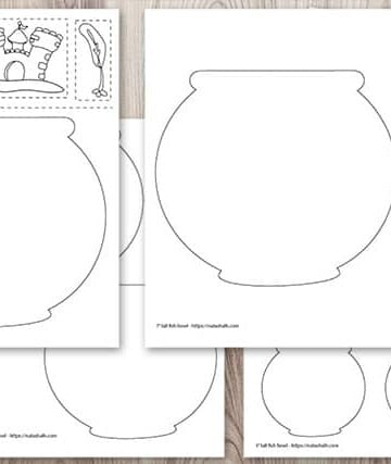 preview of free printable fish bowl outlines on a wood background