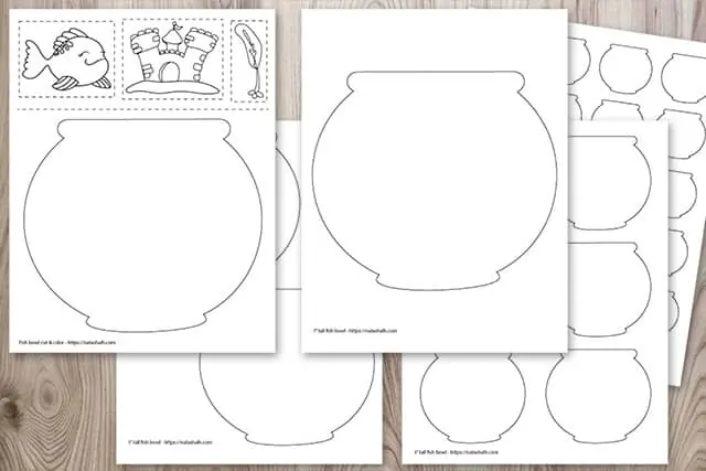 Preview of five free printable fish bowl templates on a wood background