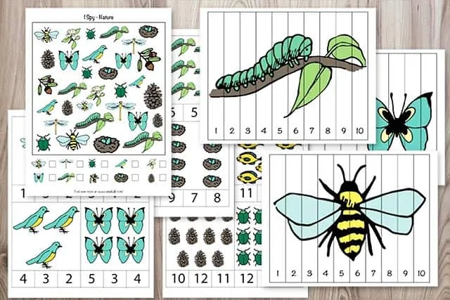 Preview of free printable nature activity pack including nature i spy sheets, nature building number puzzles, and clip cards