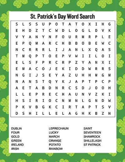 st patrick's day word search with green shamrock background