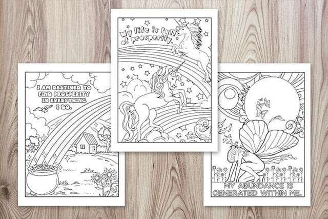 a preview of three adult coloring pages with affirmations