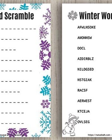 two free printable word scrambles for winter with two pencils on a wood background