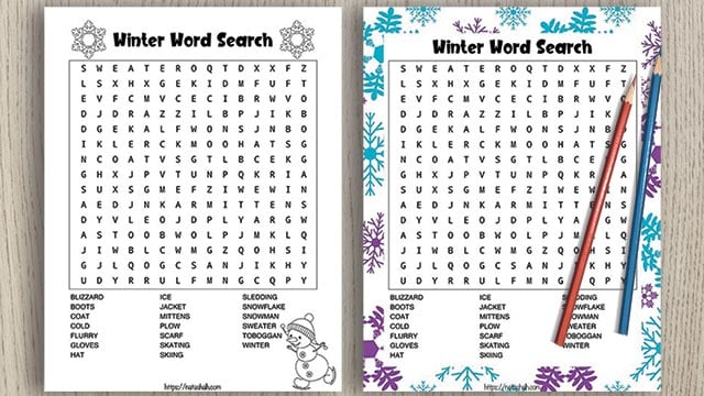 Preview of two printable word searches for winter