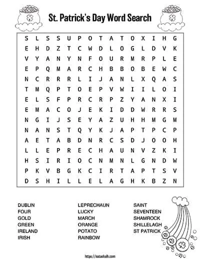 black and white free printable st patrick's day word search