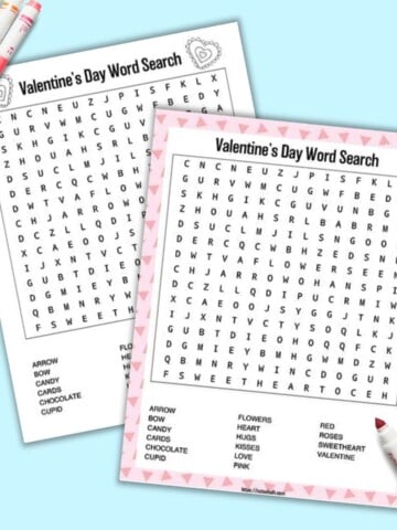 A preview of a colorful and a black and white Valentine's Day word search printable