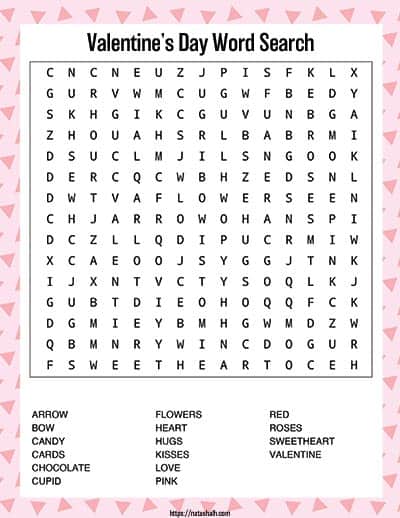 free printable valentine's day word search with pink background