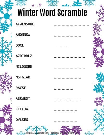 A winter word scramble with blue and purple snowflake background