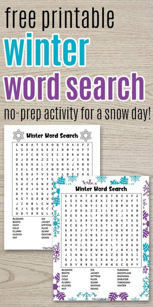 Preview of two winter word searches with text "free printable winter word search - no prep activity for a snow day"