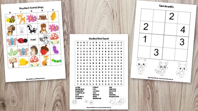 Woodland animal word search, sudoku for kids, and woodland animal bingo preview on a wood background