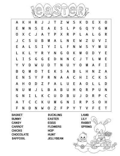 Black and white secular Easter word search with a bunny and chick to color