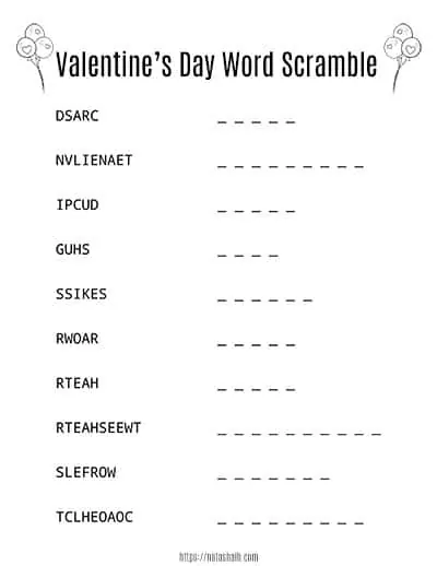 free printable black and white valentine's day word scramble with balloons to color