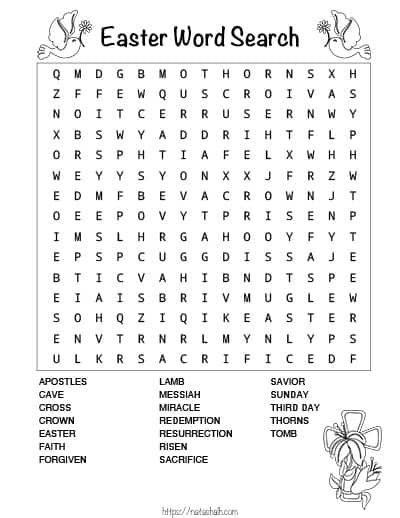 Black and white religious Easter word search with doves and a cross with lilies to color
