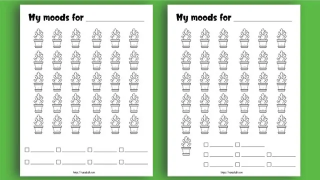 Two printable cactus mood trackers on a green background. One has 30 cacti and the other has 31 cacti.