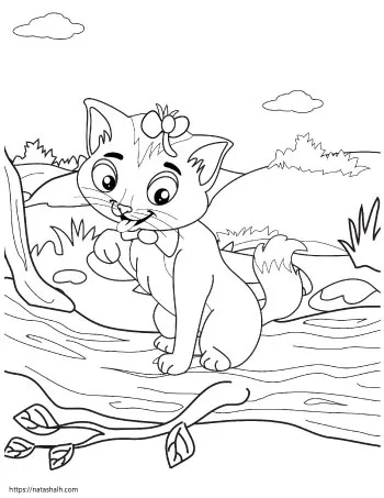 cute cartoon cat sitting on a log licking her paw. She also has a bow on.