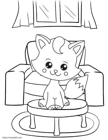 cute cartoon cat sitting on a table in front of a sofa