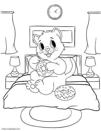 Coloring page of a cartoon cat eating donuts on a bed